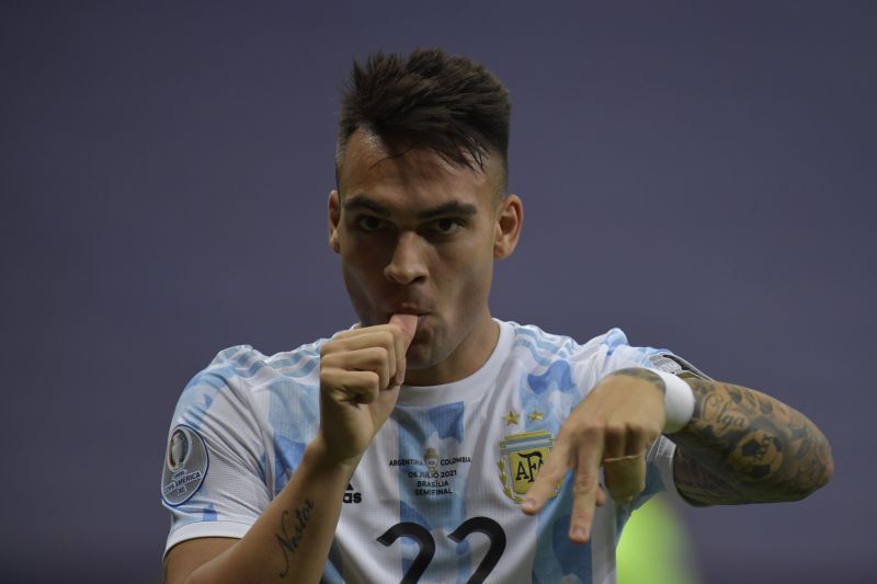 Lautaro Martinez reacts after scoring for Argentina