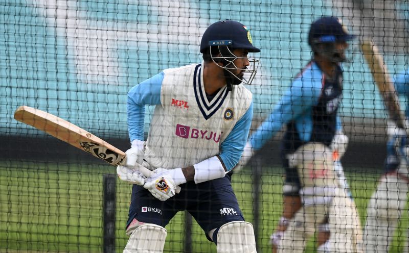 Opener KL Rahul bats during a nets session.