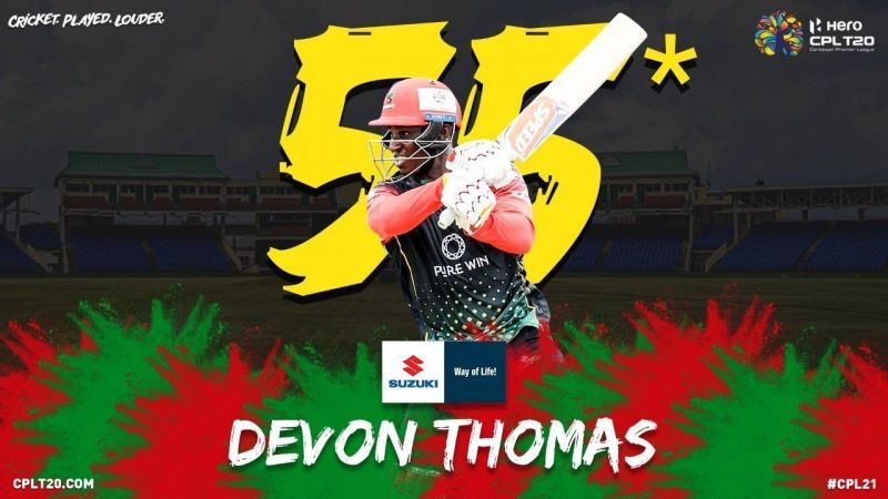 &lt;a href=&#039;https://www.sportskeeda.com/player/devon-thomas/&#039; target=&#039;_blank&#039; rel=&#039;noopener noreferrer&#039;&gt;Devon Thomas&lt;/a&gt; scored an impressive half-century in the fifth match of CPL 2021 (Pic: @CPL Twitter)