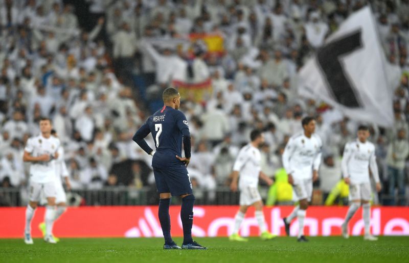 Kylian Mbappe looks on as PSG play Real Madrid in the Champions League.