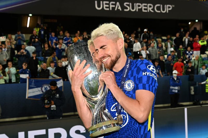 Chelsea&#039;s Jorginho with the UEFA Super Cup