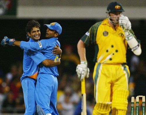 Irfan Pathan and Rahul Dravid celebrate a wicket against Australia during their playing days. Pic: Getty Images