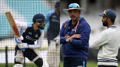 Virat Kohli, Ravi Shastri and Ajinkya Rahane (from left to right) at The Oval on Tuesday.