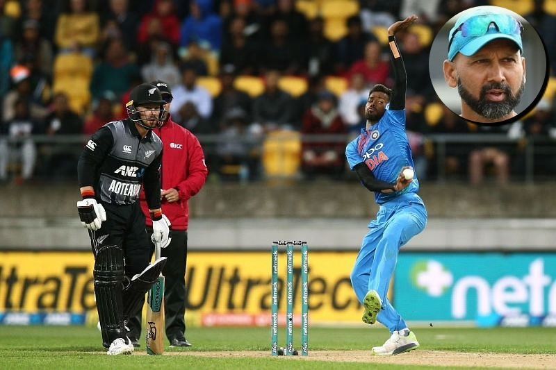 Hardik Pandya bowling during a T20I in 2019. (Inset) Paras Mhambrey