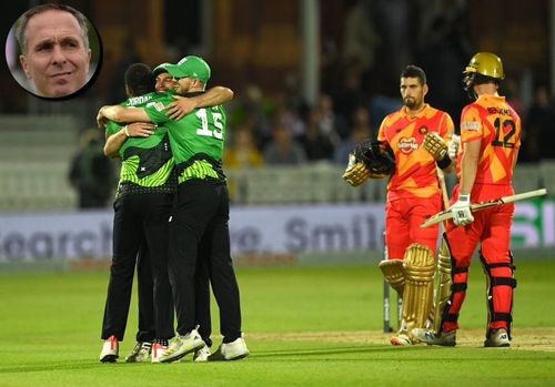 Southern Brave celebrate victory against Birmingham Phoenix in The Hundred’s Final at Lord's. Pic: Getty Images. (Inset) Michael Vaughan