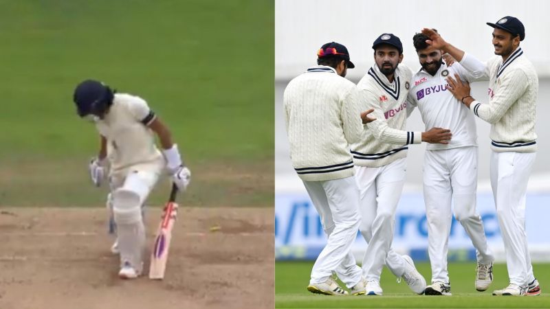 A surprised Hameed (L) looks back at his stumps while Ravindra Jadeja celebrates with teammates (R).