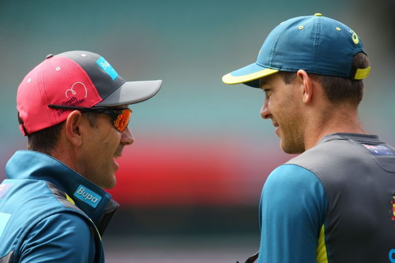 Justin Langer head coach of Australia talks to Tim Paine during an Australian Test team nets session. Pic: Getty Images