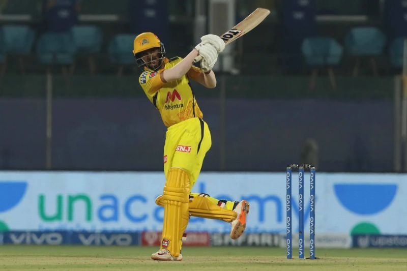 CSK&rsquo;s Ruturaj Gaikwad hits a shot during IPL 2021. Pic: IPLT20.COM