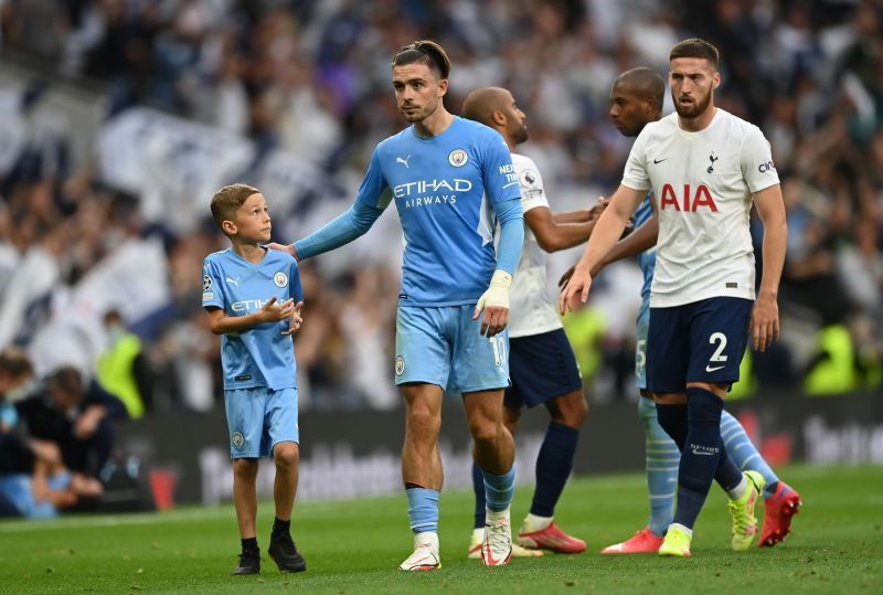 Manchester City&#039;s Jack Grealish (centre) walks off the pitch after the match against Tottenham