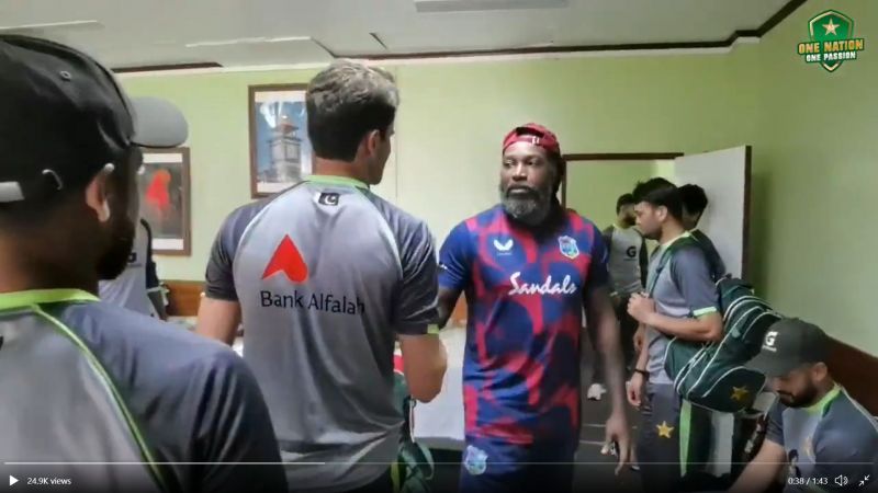 Chris Gayle with Shaheen Shah Afridi in the Pakistan dressing room.