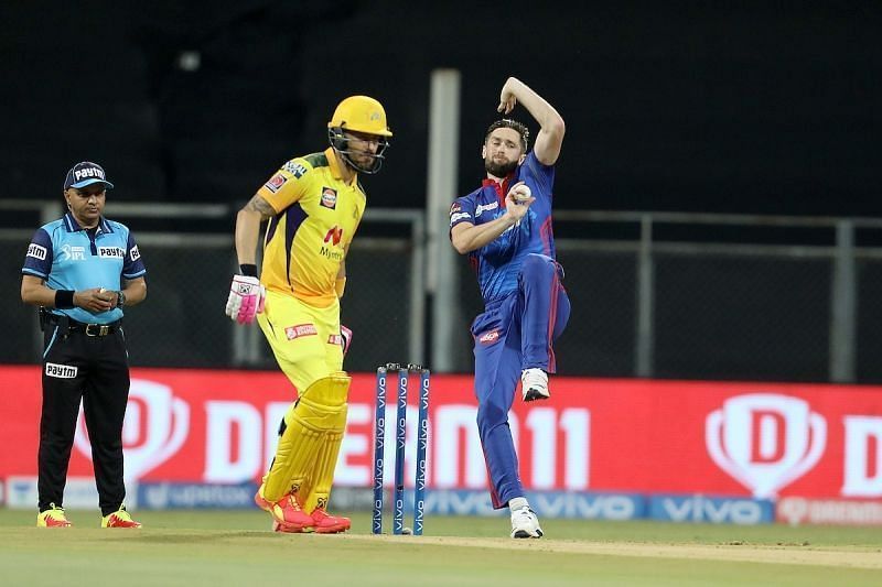 Chris Woakes bowling for Delhi Capitals. Pic: IPLT20.COM