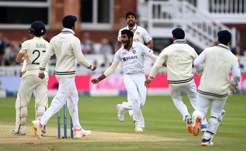 Jasprit Bumrah celebrates after dismissing Rory Burns on Day 5 at Lord's. Pic: Getty Images