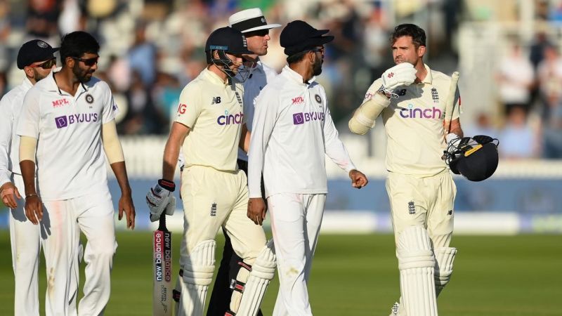 James Anderson and Bumrah having an exchange after the end of play on Day 3 at Lord&#039;s.