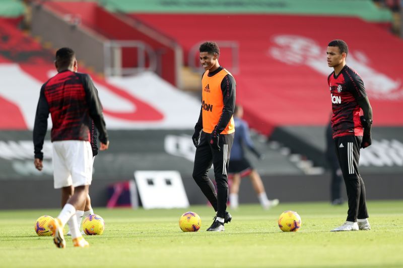 Marcus Rashford (centre) and Mason Greenwood (right)