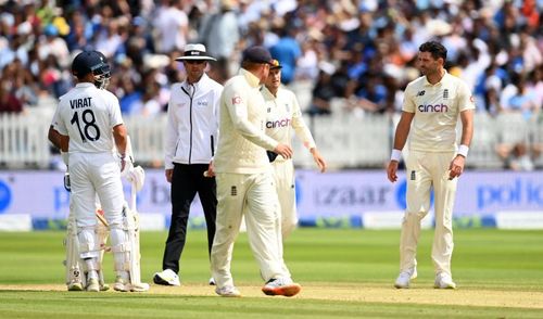 Virat Kohli (left) and James Anderson (right) have a ‘discussion’ during the Lord’s Test. Pic: Getty Images