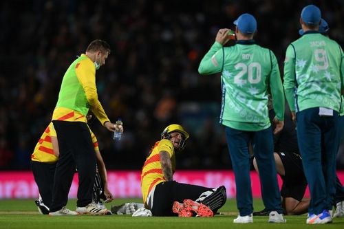 Alex Hales down on the ground after being hit in the box