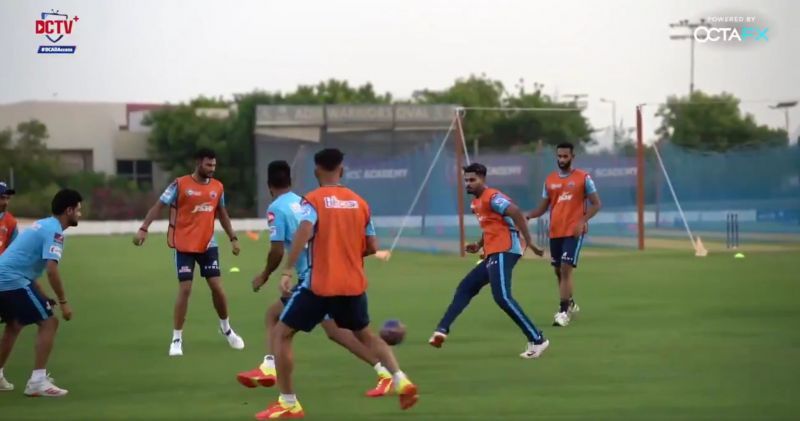 DC players indulge themselves in a game of football during a practice session. (Image Courtesy: Delhi Capitals Twitter)