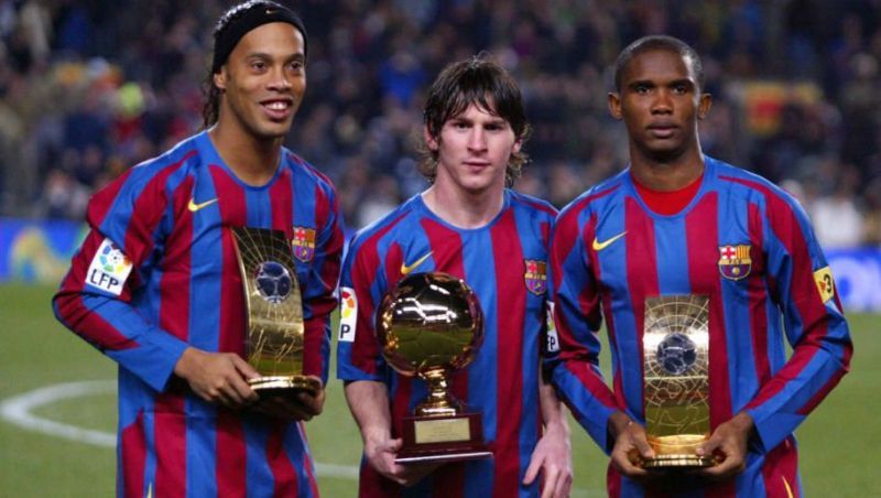 Ronaldinho, Lionel Messi and Samuel Eto&#039;o (left to right)