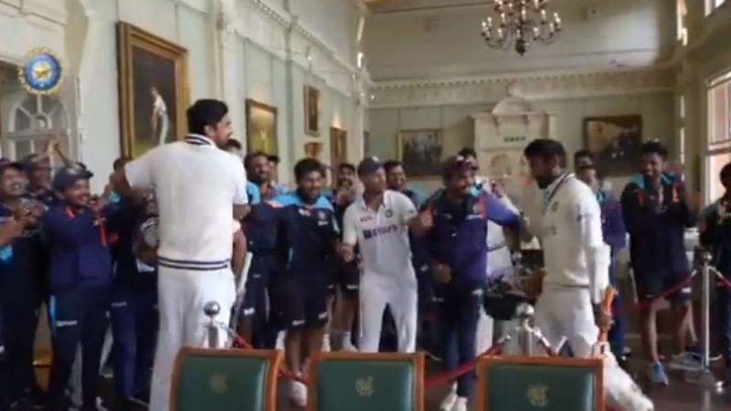Indian team welcoming Shami and Bumrah after an epic partnership (Source: Twitter)
