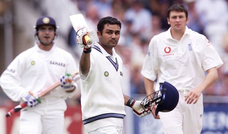 Virender Sehwag celebrates his first Test ton as an opener.