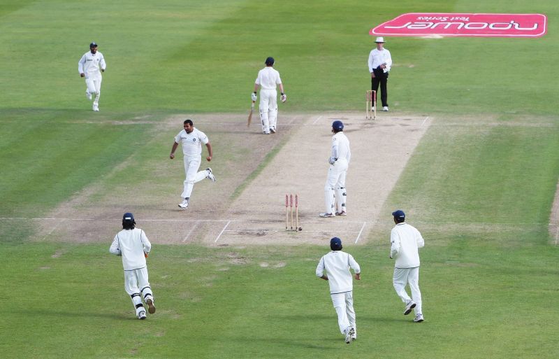 Zaheer Khan celebrates the wicket of Michael Vaughan.