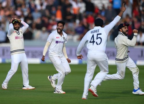 Mohammed Siraj celebrates one of his four scalps at Lord’s on Monday. Pic: Getty Images