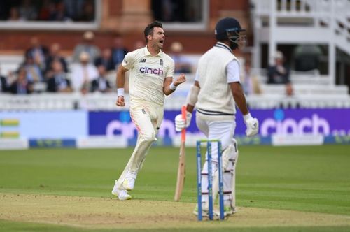 England bowler James Anderson celebrates after dismissing Cheteshwar Pujara on Day 1 at Lord's. Pic: Getty Images