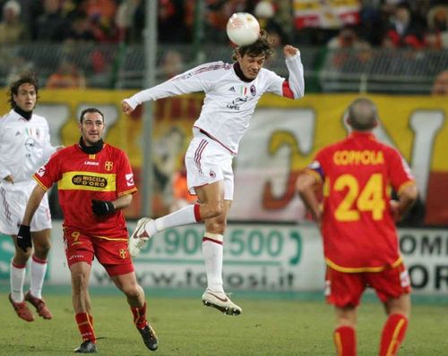 Paolo Maldini of AC Milan heads the ball