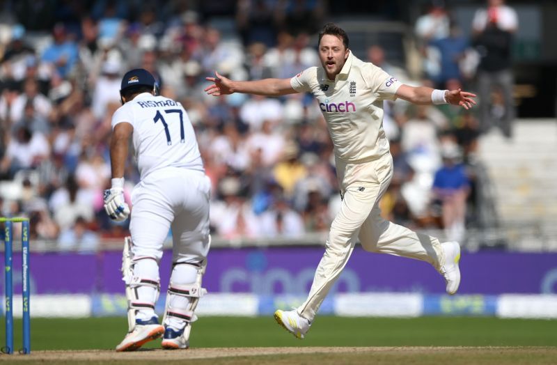 England bowler Ollie Robinson celebrates after taking the wicket of Rishabh Pant at Headingley. Pic: Getty Images