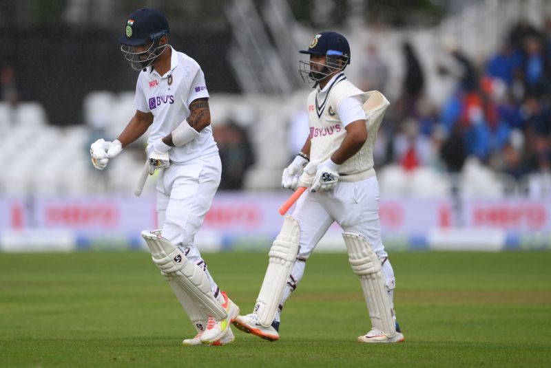 KL Rahul (left) and Rishabh Pant come off for rain during day three of the first Test in Nottingham. Pic: Getty Images