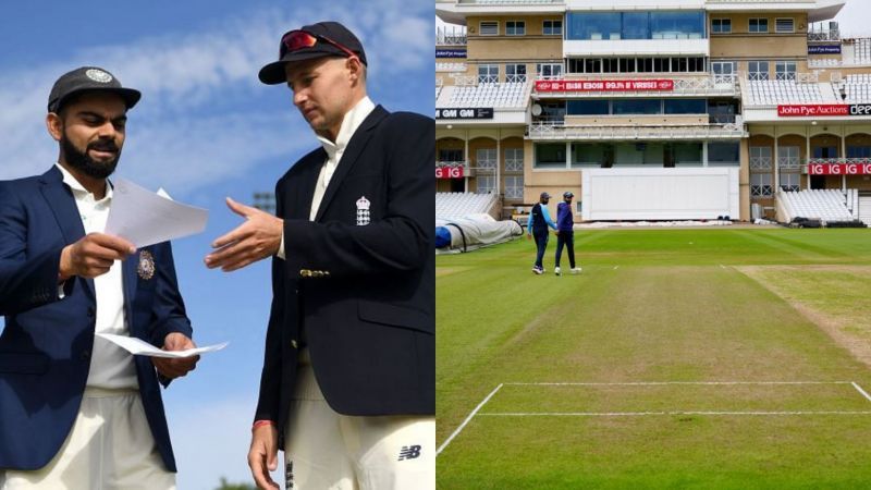 Virat Kohli (L), Joe Root and the first glance at the Trent Bridge wicket.