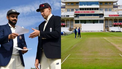 Virat Kohli (L), Joe Root and the first glance at the Trent Bridge wicket.