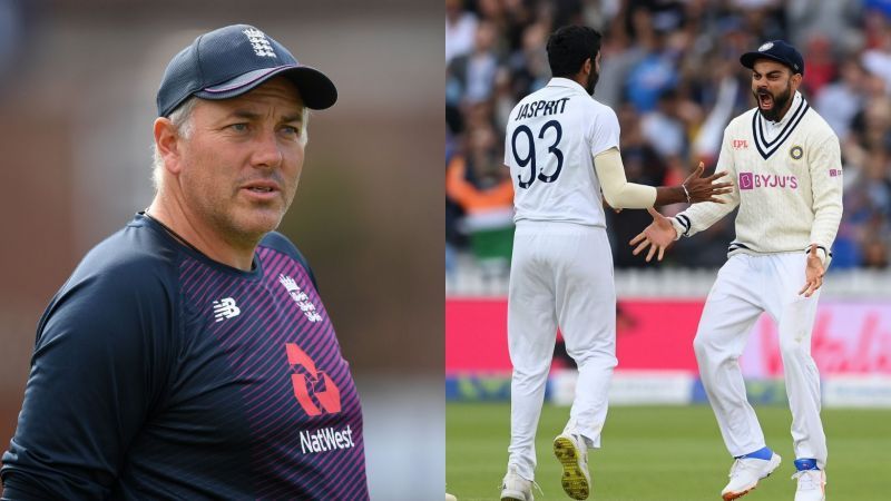 England head coach Chris Silverwood (L); Jasprit Bumrah with Virat Kohli (R)