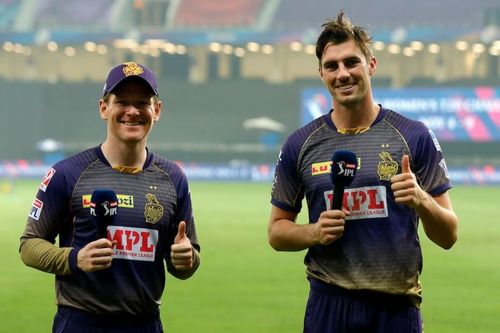 England's Eoin Morgan (L) and Australia's Pat Cummins (R)