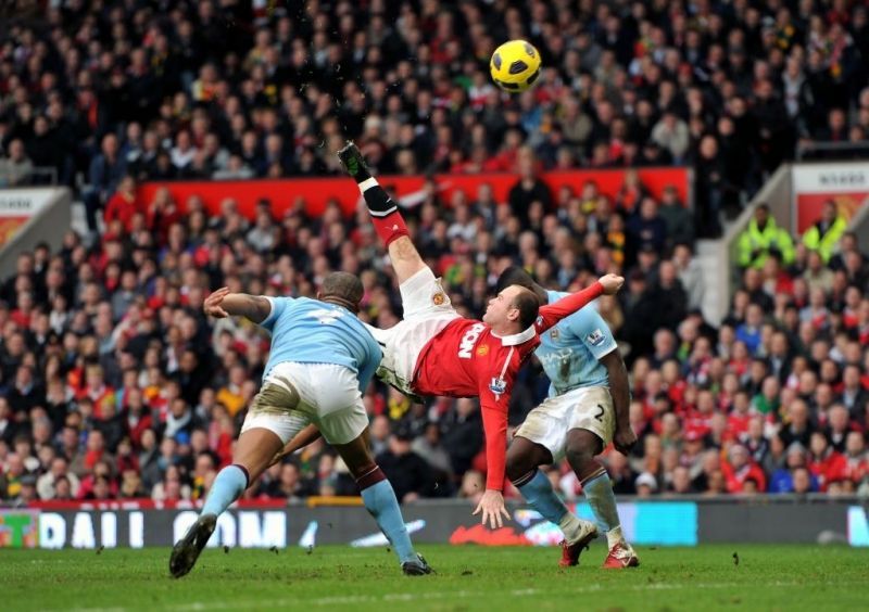 Wayne Rooney scores a goal from inside the penalty area from an overhead kick
