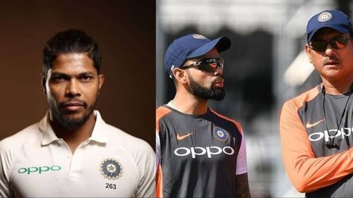 (L-R): Umesh Yadav, Virat Kohli, and Ravi Shastri