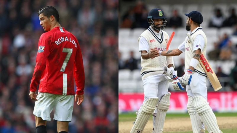 Cristiano Ronaldo (L) and Cheteshwar Pujara and Virat Kohli after Day 3 at Headingley.