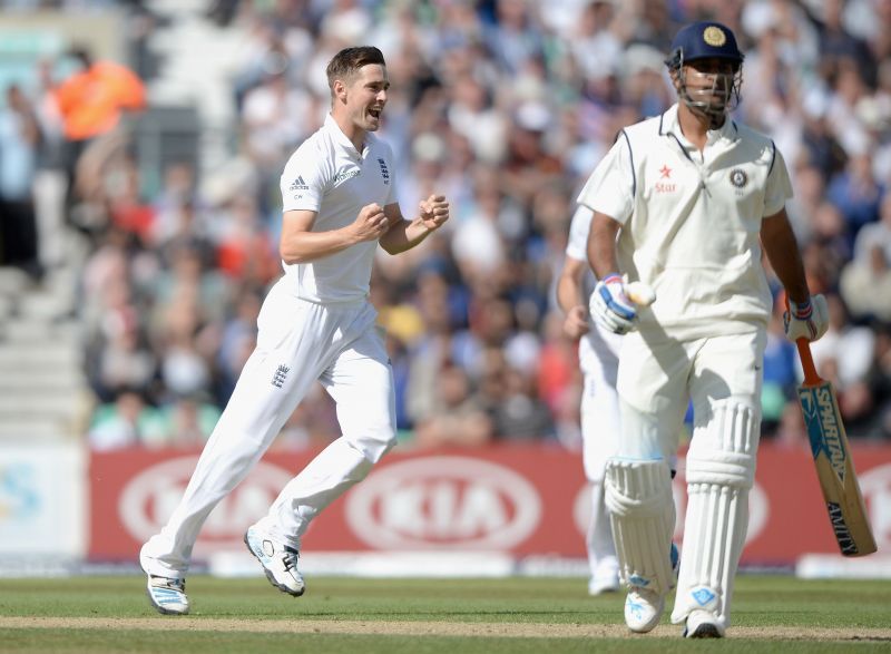 Captain MS Dhoni falls for a duck to Chris Woakes.