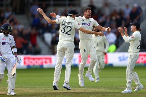 James Anderson celebrates after taking the wicket of Virat Kohli. Pic: Getty Images