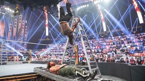 Jeff Hardy performing a Swanton Bomb from the top of a ladder