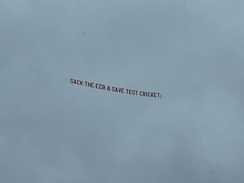 Plane with a controversial message (in pic) flew over the Leeds stadium during India's second innings (Pic source: Twitter)