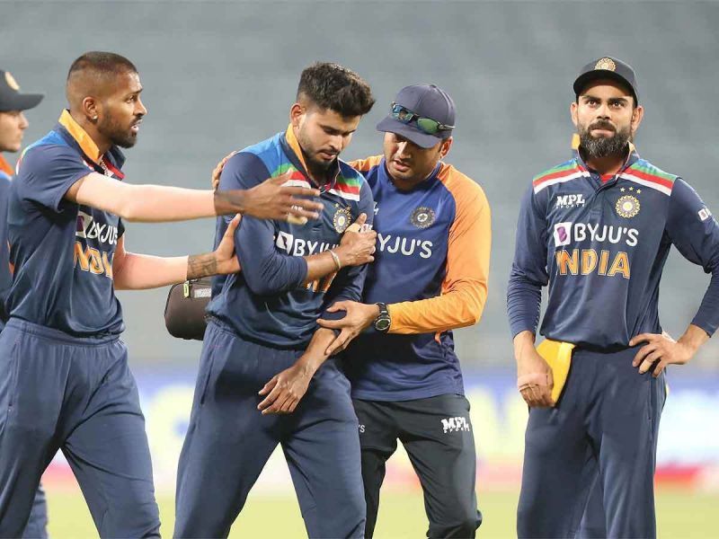 Shreyas Iyer soon after dislocating his shoulder during a match against England in March.