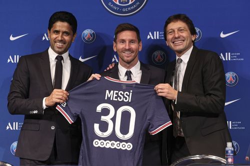 Lionel Messi was unveiled as a new PSG player. (Photo by Sebastien Muylaert/Getty Images)