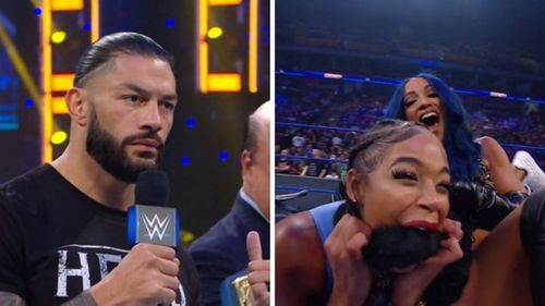 Roman Reigns (left); Bianca Belair and Sasha Banks (right)