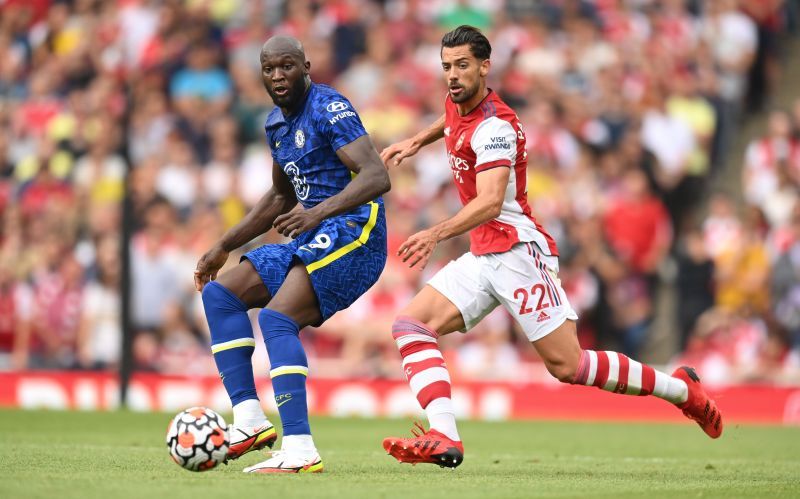 Romelu Lukaku of Chelsea battles for possession with Pablo Mari.