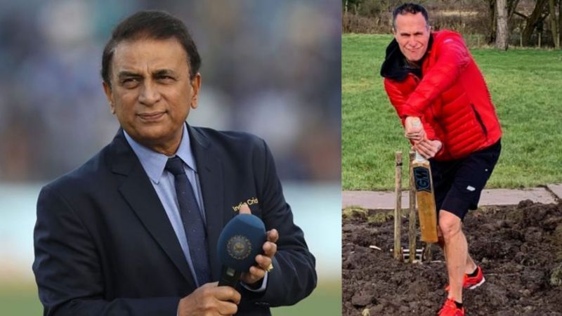 Sunil Gavaskar (left) and Michael Vaughan in his infamous &#039;beach&#039; post (right).