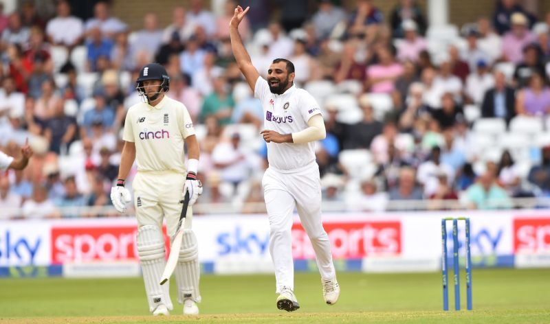 Mohammed Shami celebrates the wicket of Dan Lawrence.