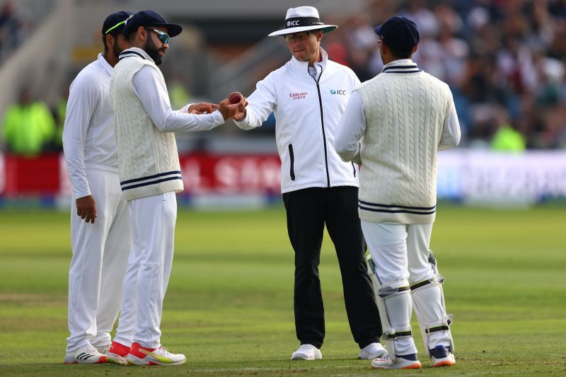 Indian captain Virat Kohli having a discussion with umpire Alex Wharf. Pic: Getty Images