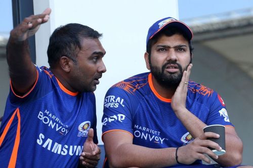 Mumbai Indians coach Mahela Jayawardene (left) with skipper Rohit Sharma