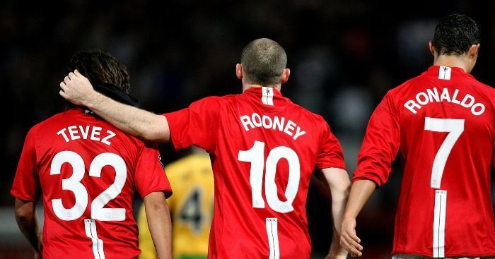 Cristiano Ronaldo, Wayne Rooney and Carlos Tevez (from right to left)